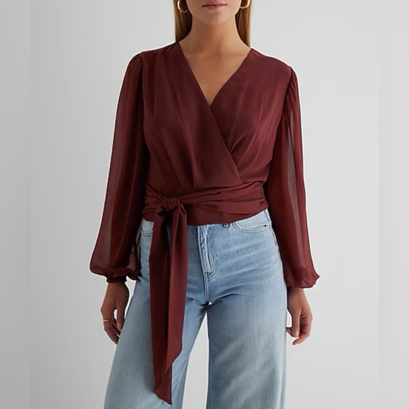 Express Womens Top Size XS V-Neck Faux Wrap Tie Waist Long Sleeves Lined NWT $54 - Picture 1 of 16